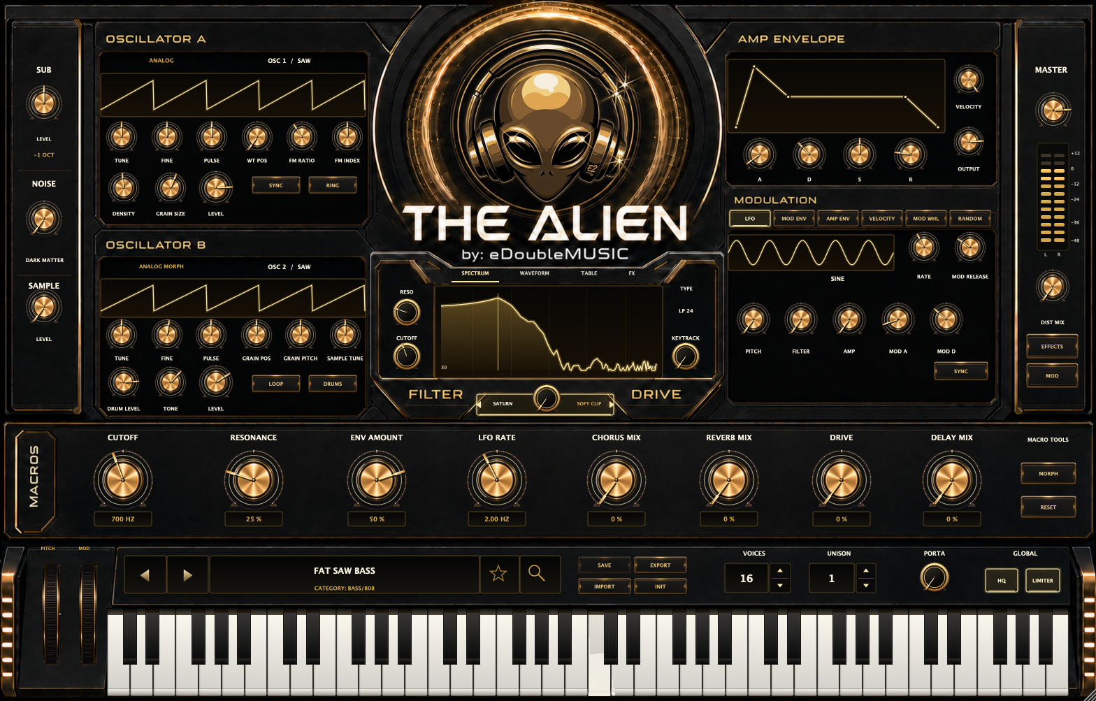 THE ALIEN synthesizer interface — black and gold, dual oscillators, filter, drive, modulation, macros and keyboard